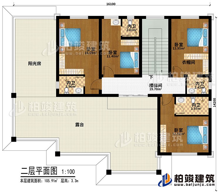 二层：4卧室、衣帽间、楼梯间、4内卫、阳光房、露台