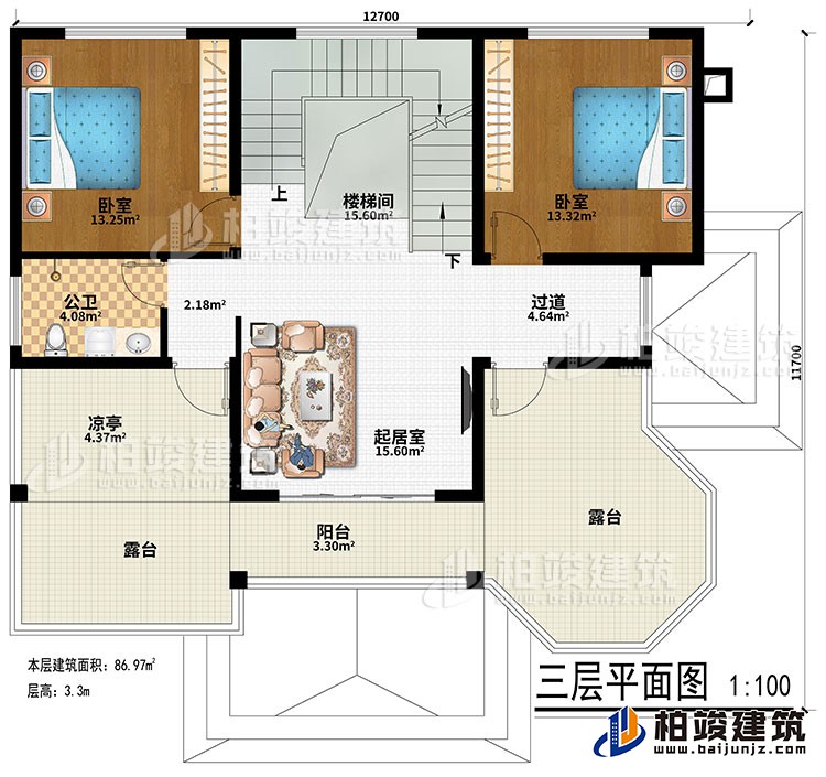 三层：楼梯间、过道、起居室、2卧室、公卫、凉亭、阳台、2露台